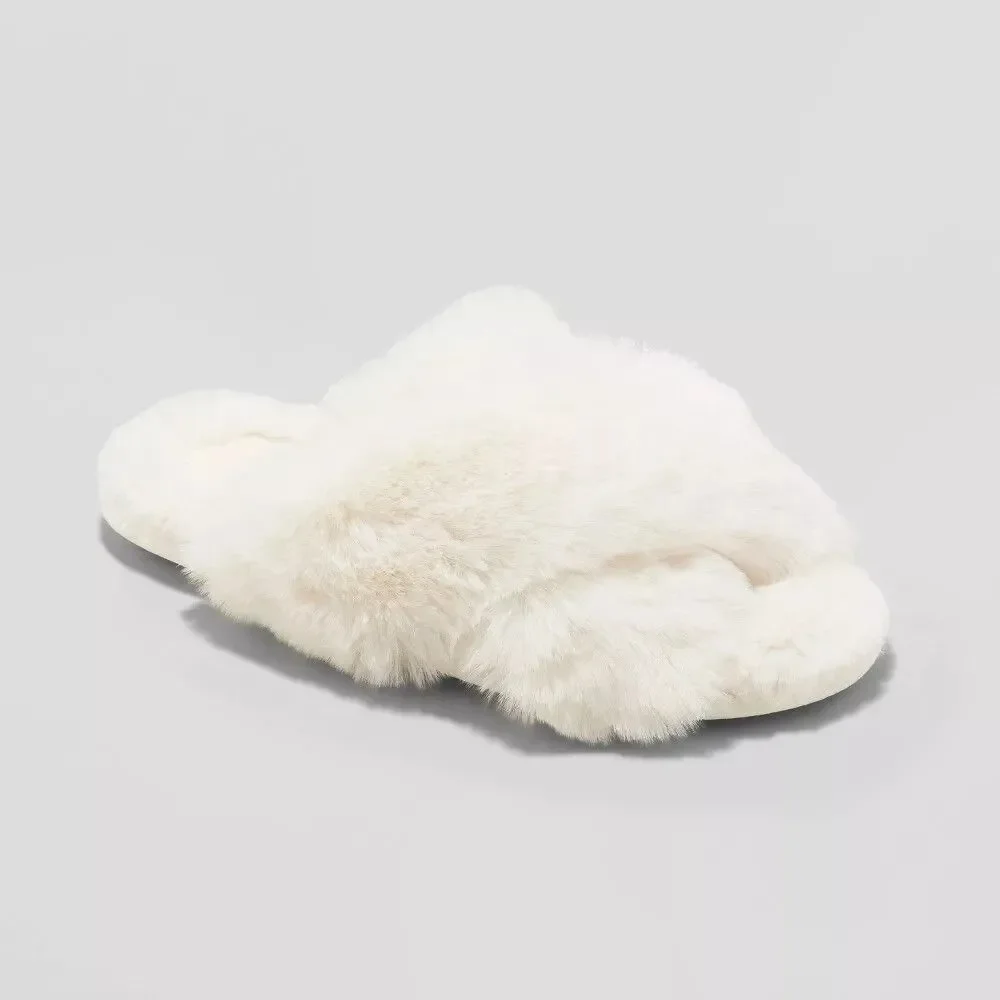 Cat & Jack Girls Soft & Furry Cross Front Slide Slippers (Size L/4-5) Cream ~NEW